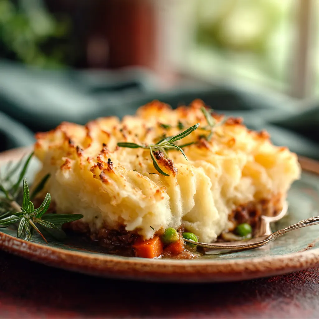 Classic Homemade Shepherd's Pie Recipe A close-up view of a freshly baked Shepherd’s Pie in a baking dish, highlighting the golden-brown toasted mashed potato crust and the savory meat filling peeking out from the edges.