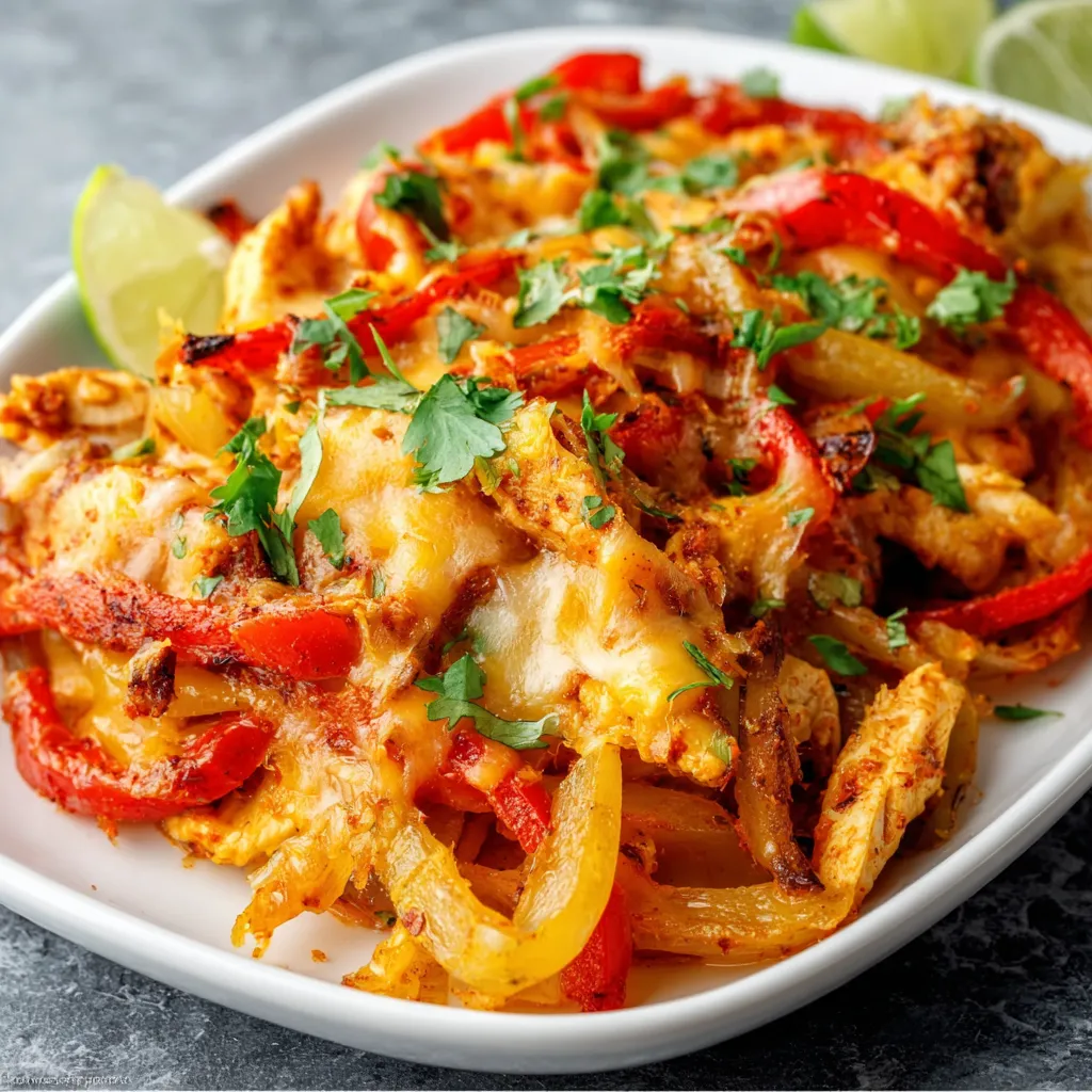 Easy Low Carb Fajita Chicken Casserole A close-up view of a freshly baked Low Carb Fajita Chicken Casserole topped with melted cheese and colorful bell peppers in a glass baking dish.