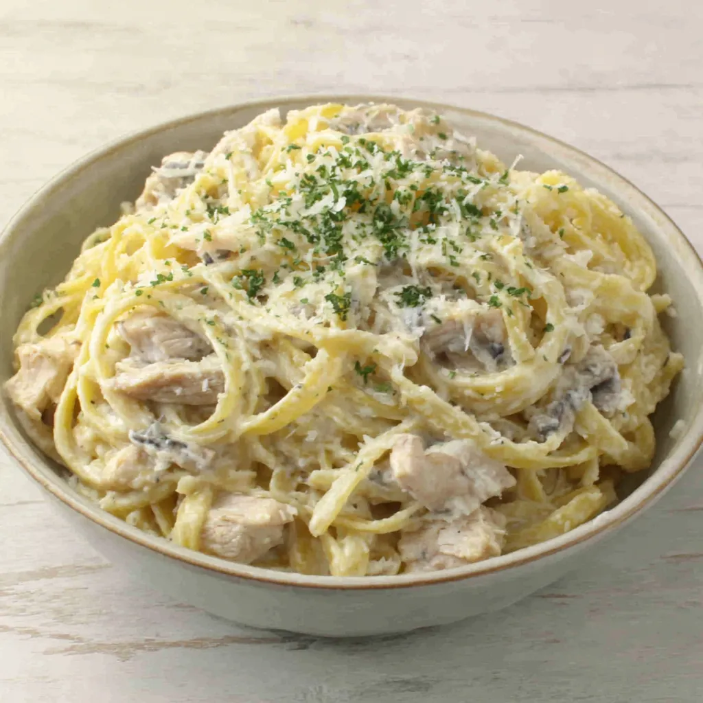 Creamy Chicken Alfredo Recipe A close-up shot showcases a steaming plate of Creamy Chicken Alfredo, highlighting the rich sauce and tender chicken.