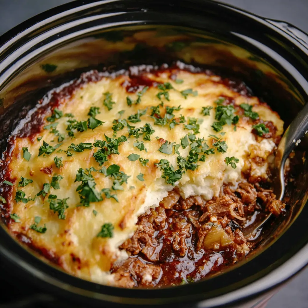 Savory Beef Shepherd's Pie with Golden Mashed Potatoes A close-up shot of a freshly baked Beef Shepherd's Pie reveals its golden mashed potato crust and savory filling of ground beef and vegetables.