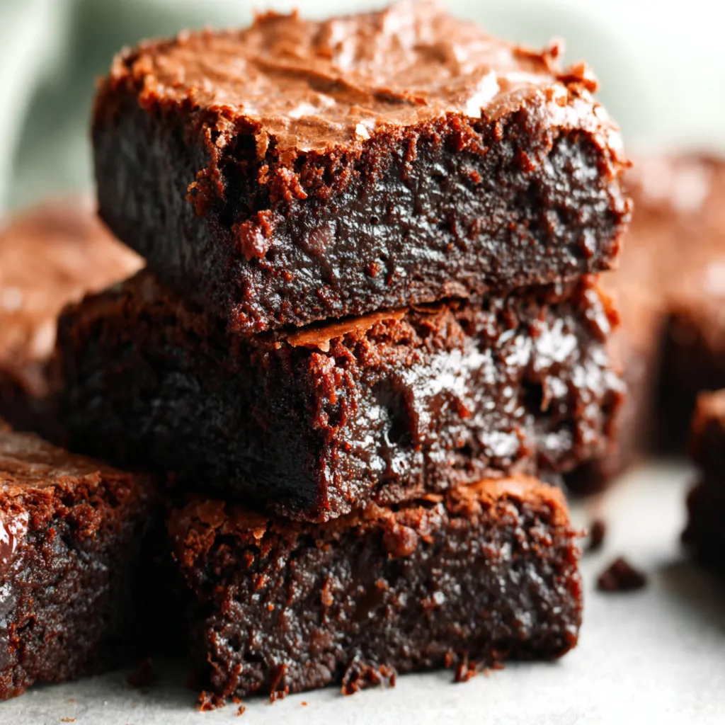 Fudgy Chocolate Sourdough Discard Brownies A stack of rich and fudgy Sourdough Discard Brownies featuring a shiny crackly top and a dense chocolate texture.