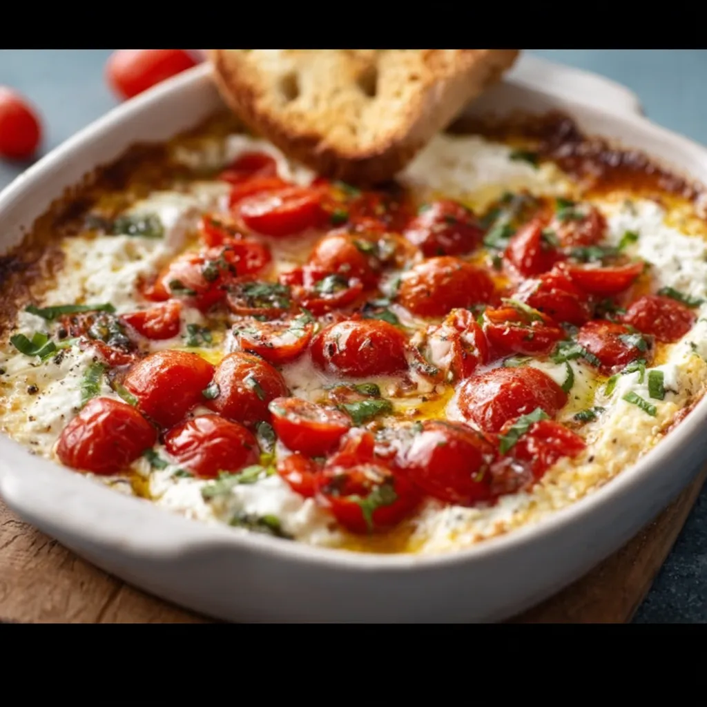 Creamy Caprese Dip Recipe Close-up shot showcasing a vibrant Caprese Dip with ripe tomatoes, fresh basil, and mozzarella pearls, ready to be enjoyed.
