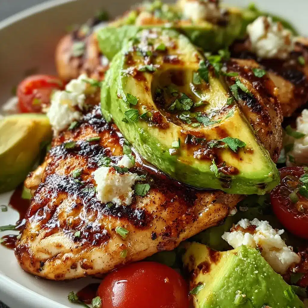 Grilled Avocado Chicken Cheese A close-up shows the juicy Grilled California Avocado Chicken With Cheese, highlighting the melted cheese and grilled avocado.