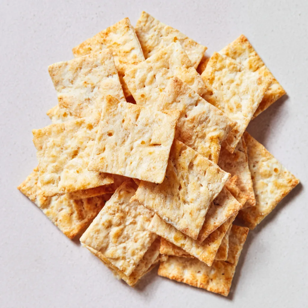 Homemade Crispy Herb Sourdough Crackers Crispy Herb Sourdough Crackers seasoned with fresh garden herbs are arranged on a rustic wooden board for a healthy snack.