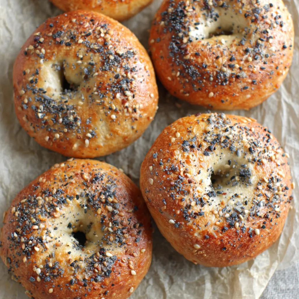 Fresh Baked Sourdough Discard Bagels A stack of freshly baked Homemade Sourdough Discard Bagels sits on a wooden board next to a small bowl of cream cheese.