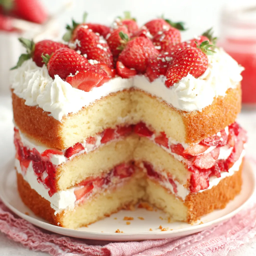 Layered Homemade Strawberry Shortcake Cake A tall Homemade Strawberry Shortcake Cake is beautifully decorated with whipped frosting and sliced strawberries on a serving platter.