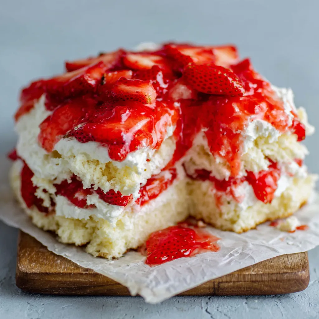 Slice of Homemade Italian Strawberry Shortcake Cake A beautifully layered Italian Strawberry Shortcake Cake topped with fresh sliced strawberries and fluffy whipped cream.