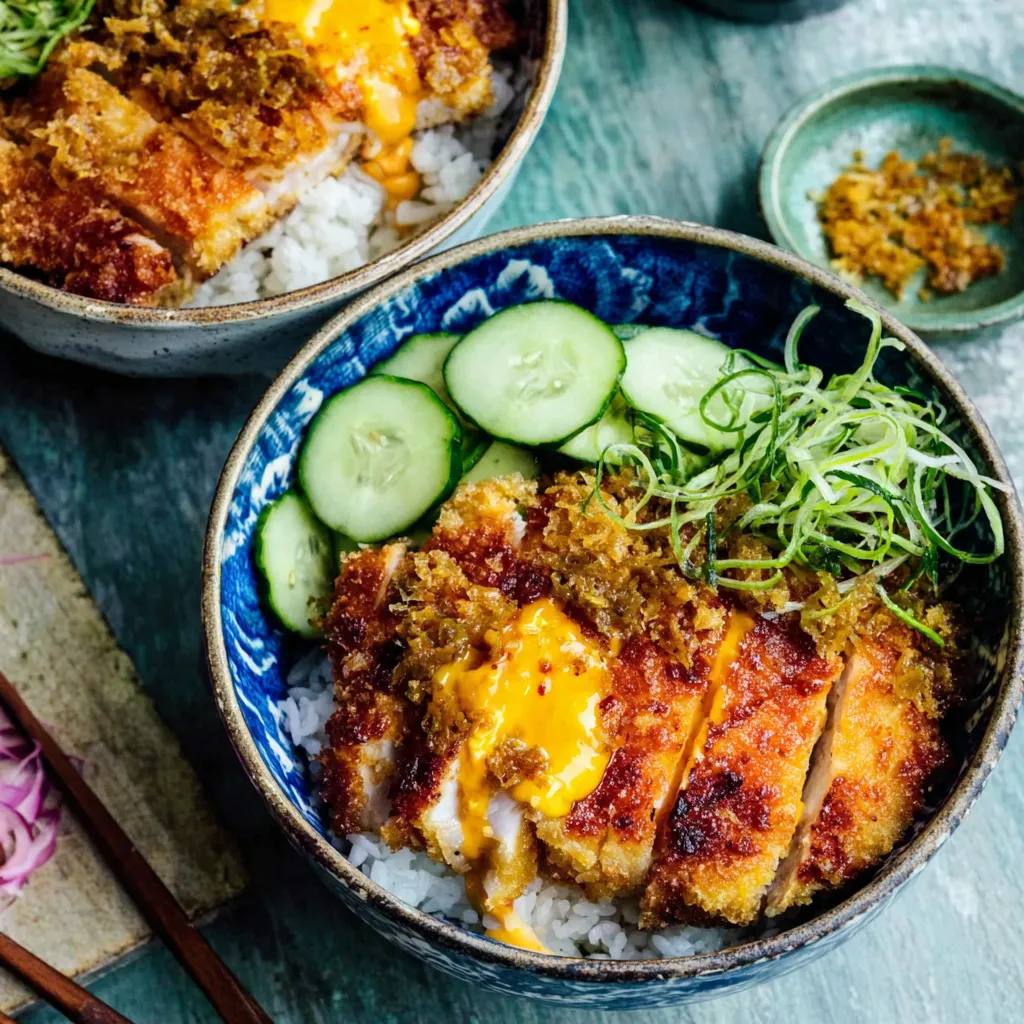 Crispy Japanese Pork Katsu Rice Bowl A high-angle shot of delicious Japanese Katsu Bowls featuring crispy breaded cutlets served over fluffy white rice with savory garnishes.