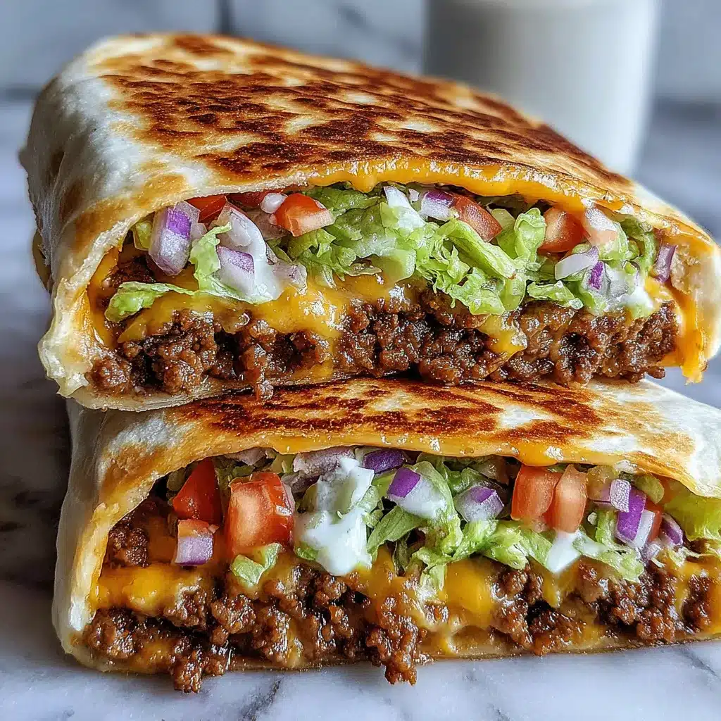 Keto Crunchwrap Delicious Bite Close-up view of a delicious Keto Crunchwraps filling with seasoned ground beef, cheese, and fresh toppings.