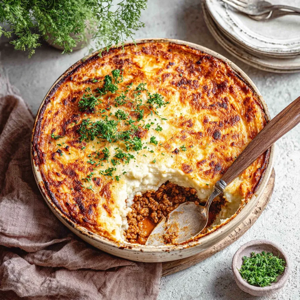 Savory Keto Shepherd's Pie with Cauliflower Mash A golden-brown Keto Shepherd’s Pie sits in a baking dish featuring a savory meat filling and a creamy cauliflower mash topping garnished with fresh herbs.