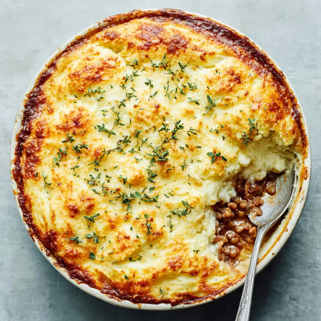Hearty Lentil Shepherd’s Pie Serving A close-up view of a savory Lentil Shepherd’s Pie showing the golden-brown mashed potato crust and rich vegetable filling.