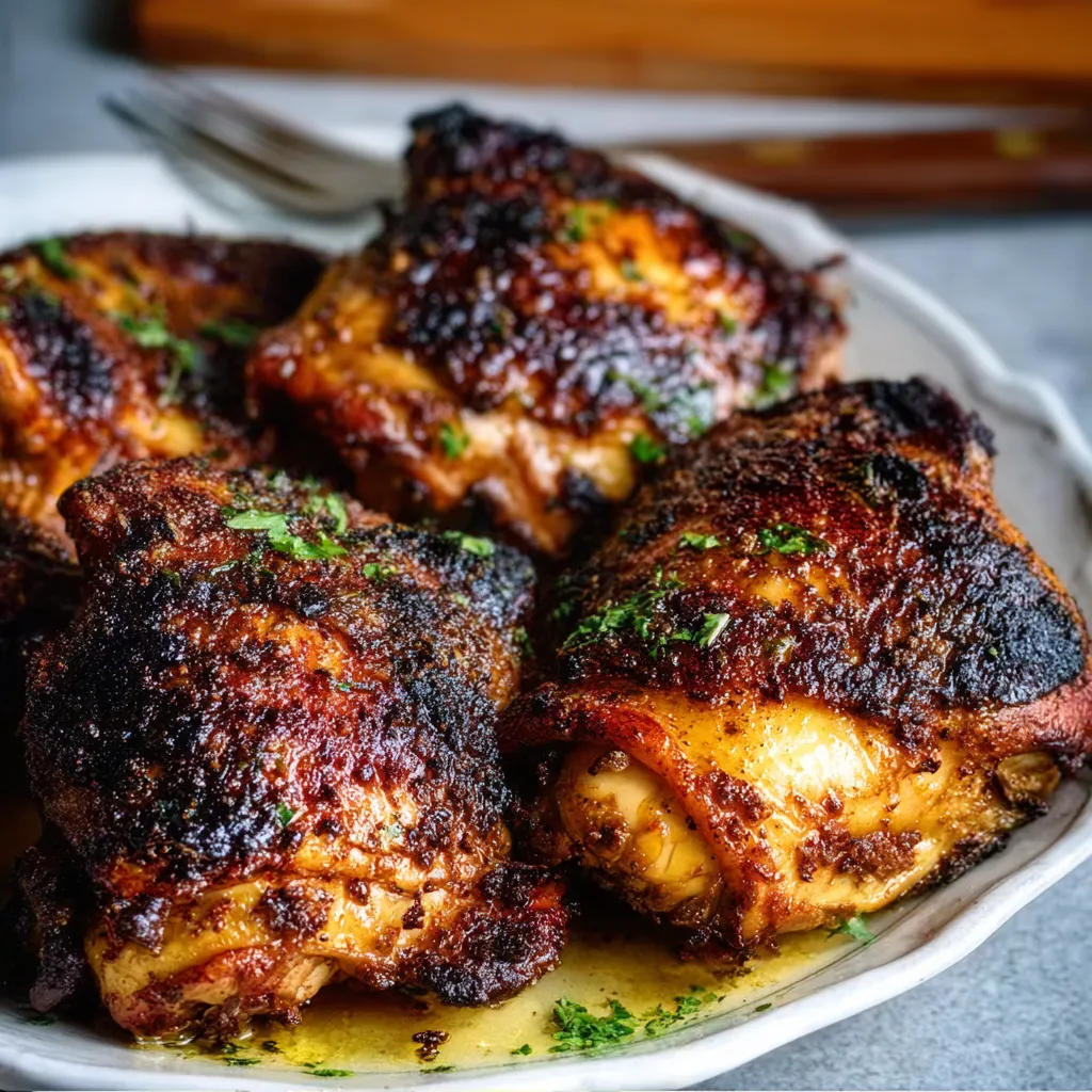 Juicy Smoked Chicken Thighs with Crispy Skin Perfectly seasoned Smoked Chicken Thighs with crispy skin are served on a wooden cutting board with fresh herbs.
