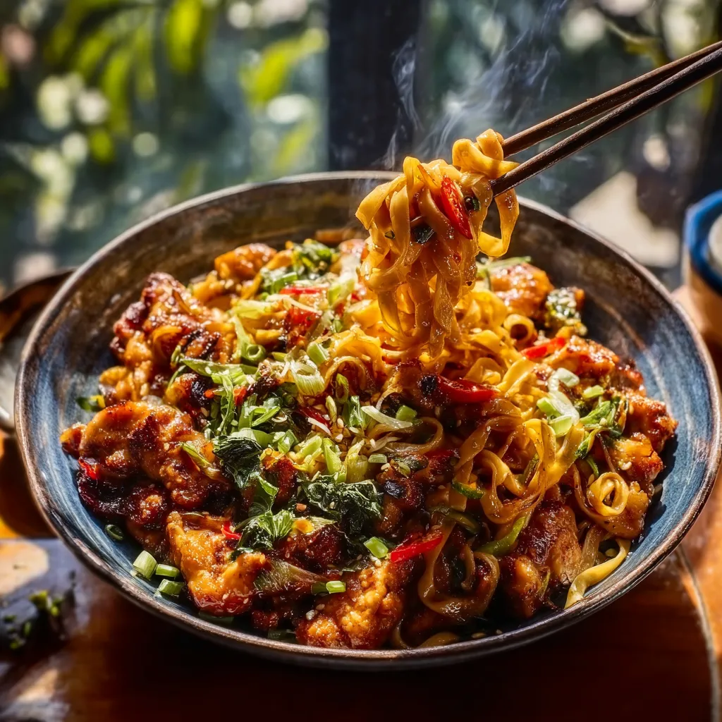 Easy Sticky Garlic Chicken Stir Fry Noodles A close-up view of Sticky Garlic Chicken Noodles tossed in a savory glaze and garnished with fresh green onions.