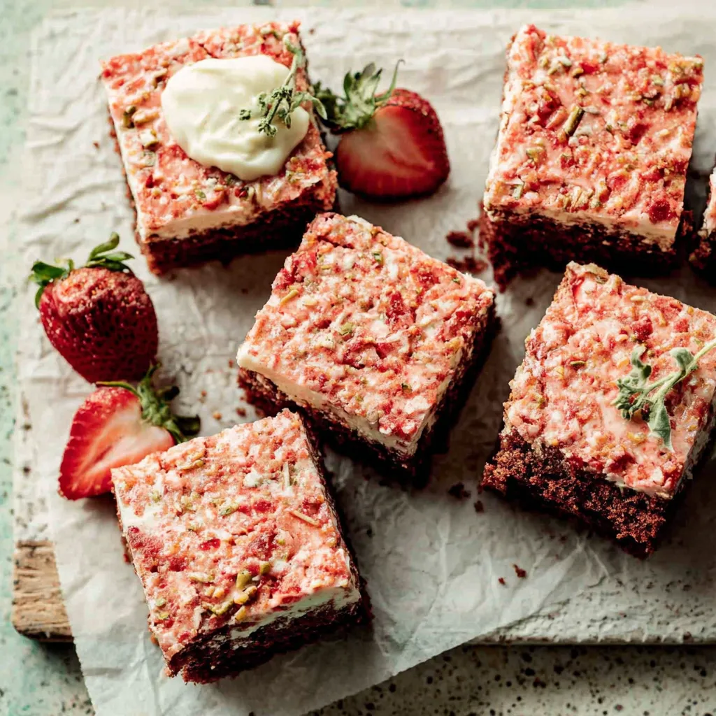 Slice of Fresh Strawberry Shortcake Sheet Cake A slice of homemade Strawberry Shortcake Sheet Cake topped with swirls of whipped cream and fresh strawberry halves.