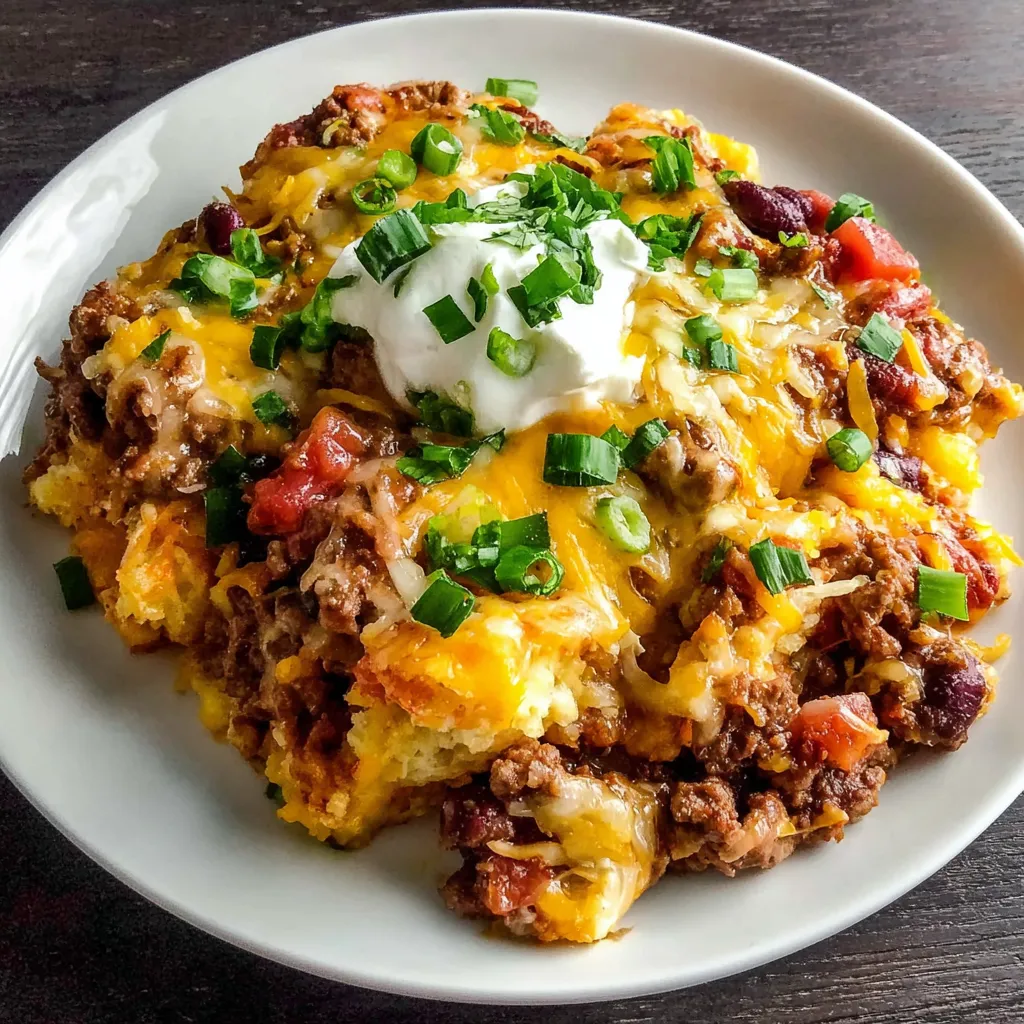 Cheesy Crockpot Taco Casserole A plated slice of the finished Cheesy Slow Cooker Taco Casserole Meal is shown with a fork, ready to be eaten.