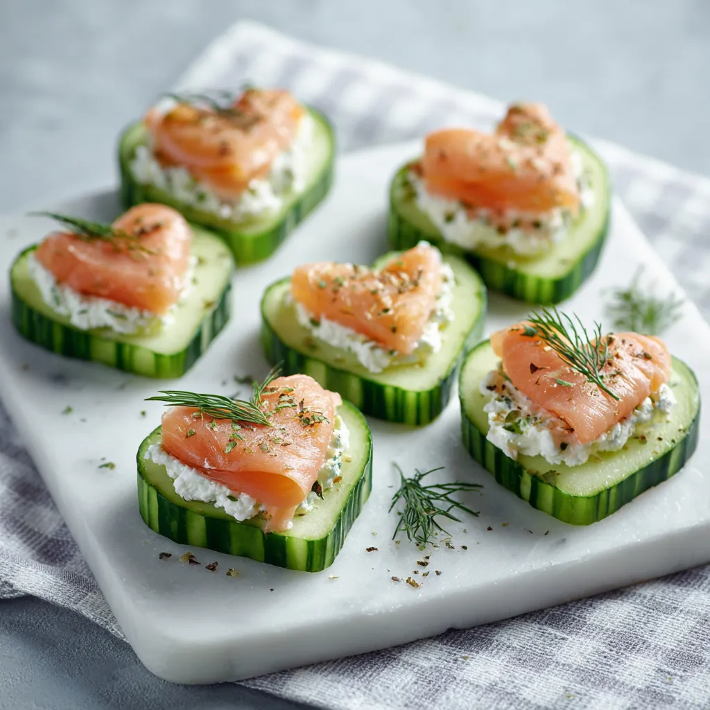 Smoked Salmon Cucumber Bites A close-up shows another serving suggestion for Cucumber Slices with Smoked Salmon, highlighting the vibrant colors and fresh ingredients.