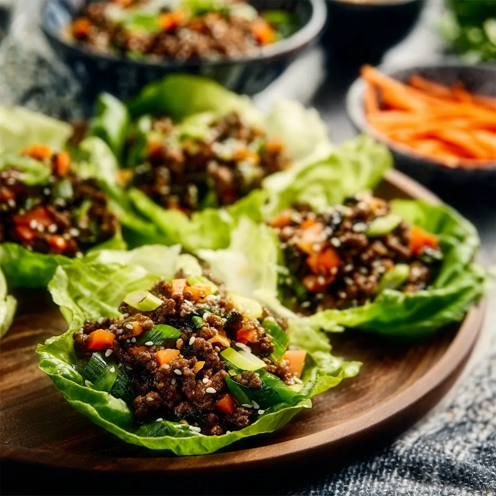 Asian Ground Beef Lettuce Wraps A close-up image showcasing the delicious filling for Asian-Style Ground Beef Lettuce Wraps, featuring seasoned ground beef and vibrant vegetables.