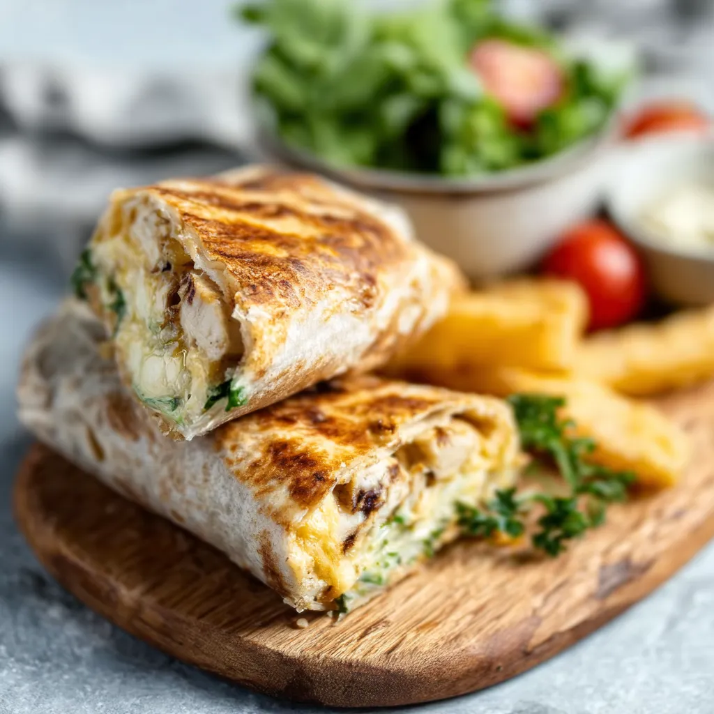 Cheesy Garlic Chicken Wrap Recipe Close-up shot of delicious Cheesy Garlic Chicken Wraps, showcasing the melted cheese and savory filling.