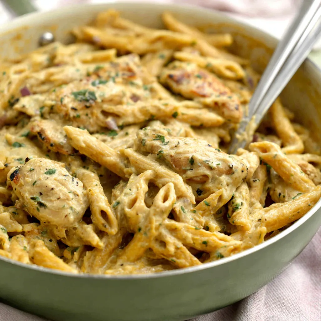 Creamy Garlic Parmesan Chicken Pasta Close-up view of a delicious plate of Garlic Parmesan Chicken Pasta, showcasing the creamy sauce and tender chicken.