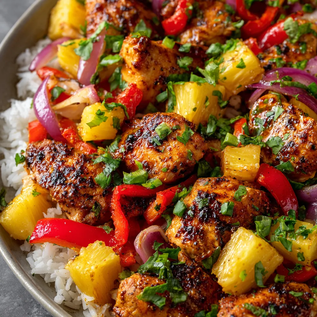 Hawaiian Chicken Sheet Pan Meal Served A close-up view of the finished Hawaiian Chicken Sheet Pan meal, featuring glazed chicken, pineapple chunks, and colorful bell peppers roasted together on a baking sheet.