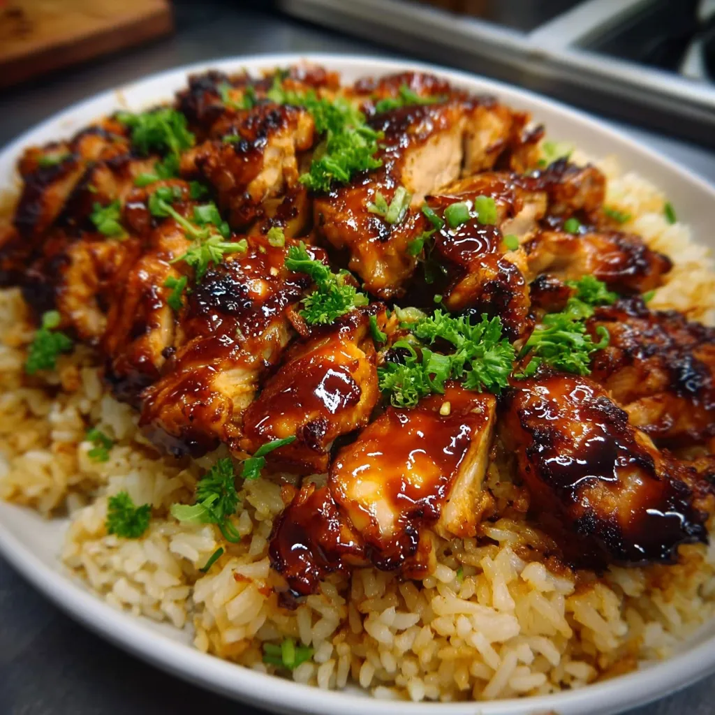 One-Pan Honey BBQ Chicken and Rice Skillet Recipe A close-up view of the prepared Honey BBQ Chicken Rice Skillet simmering in a large pan with melted cheese and green onions.