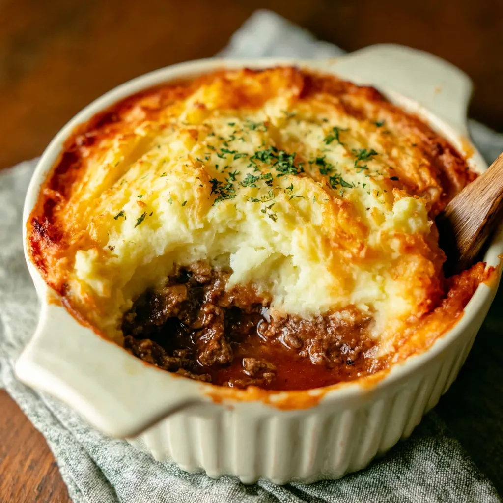 Easy Instant Pot Shepherd's Pie Recipe A close-up view of the savory meat and vegetable filling being layered with creamy mashed potatoes for a delicious Instant Pot Shepherd's Pie.