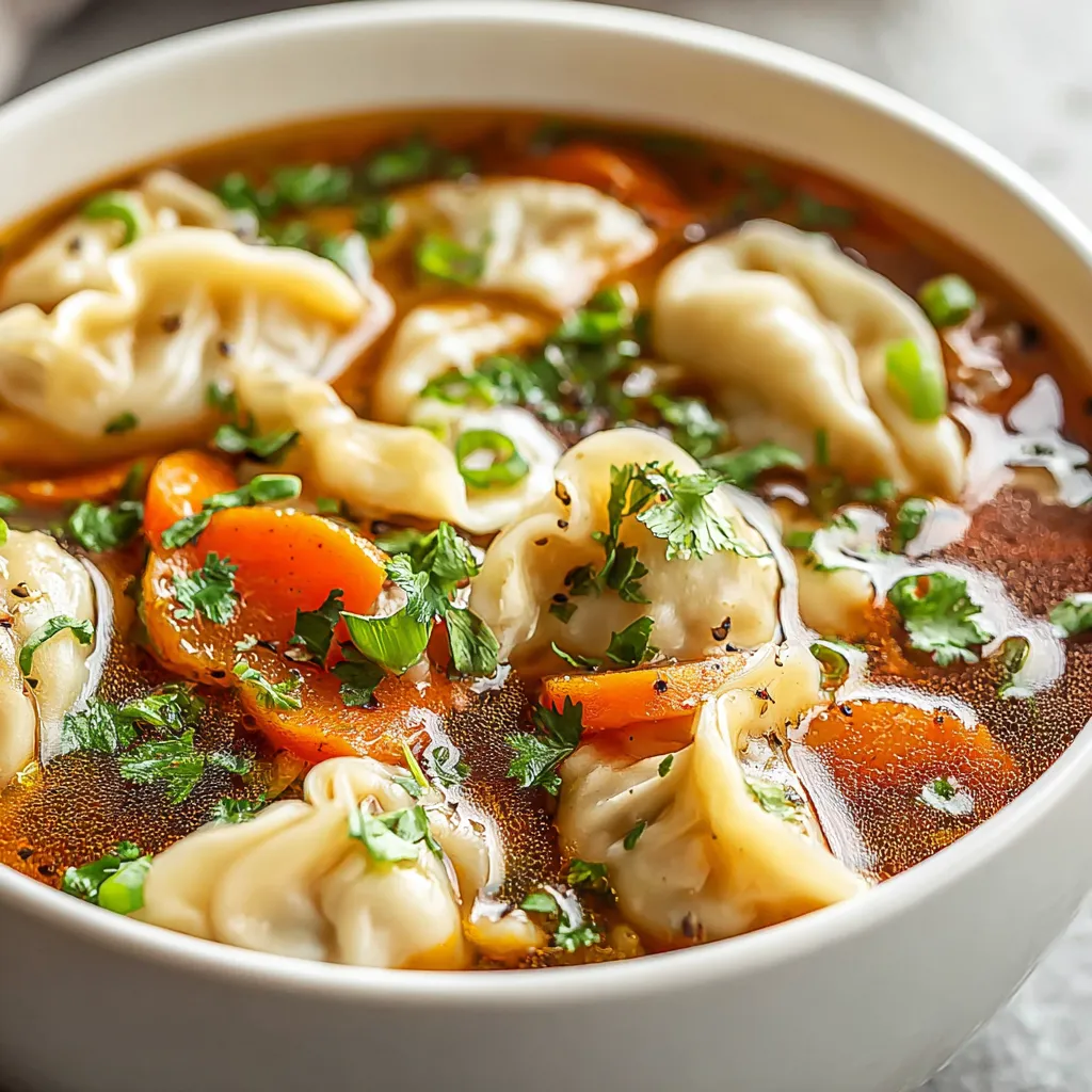 Potsticker Soup Close-Up A close-up shot showcasing the delicious broth and filled potstickers in a comforting bowl of Potsticker Soup.