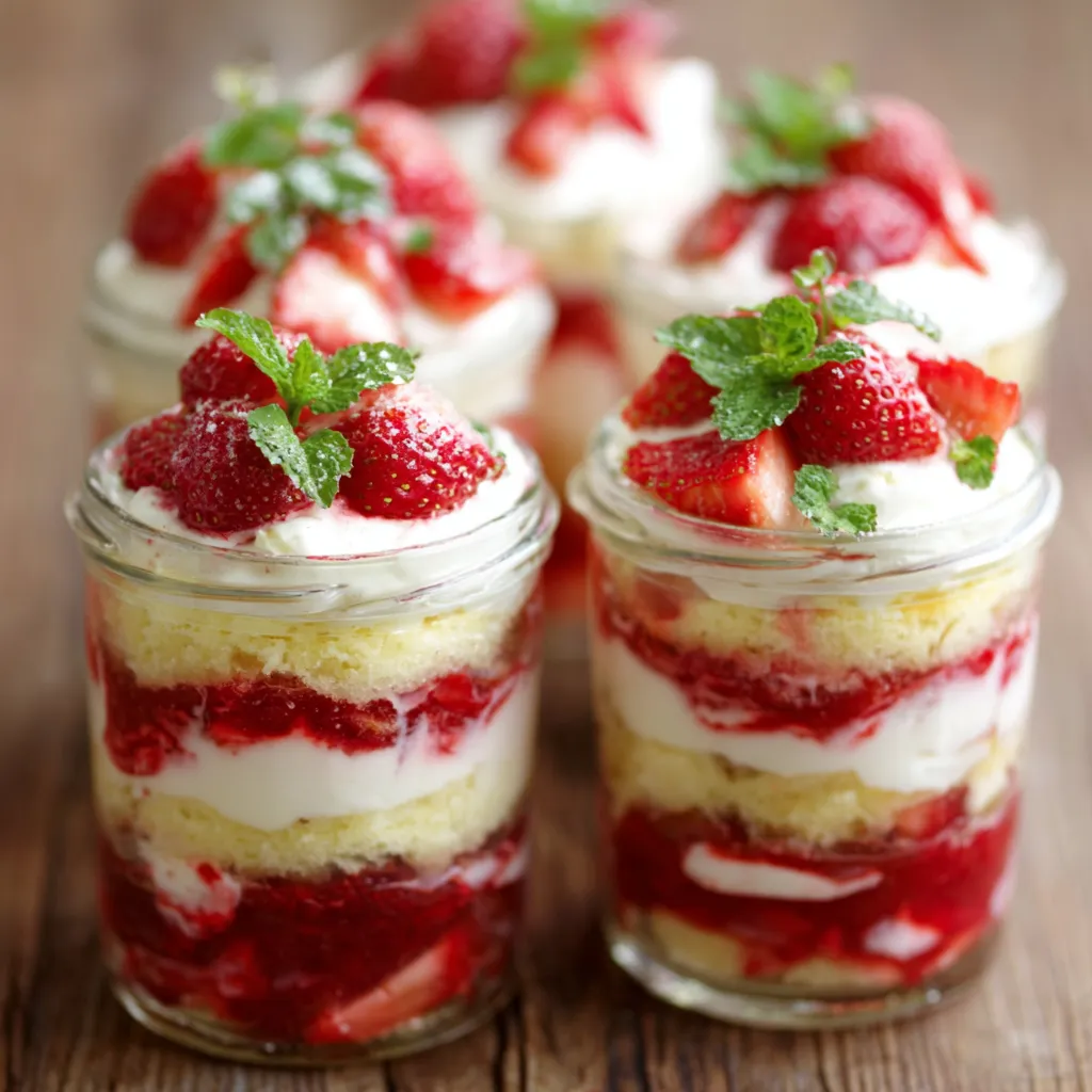 Easy Layered Strawberry Shortcake Trifles Layers of sponge cake, fresh berries, and whipped cream are visible in these individual Strawberry Shortcake Trifles.