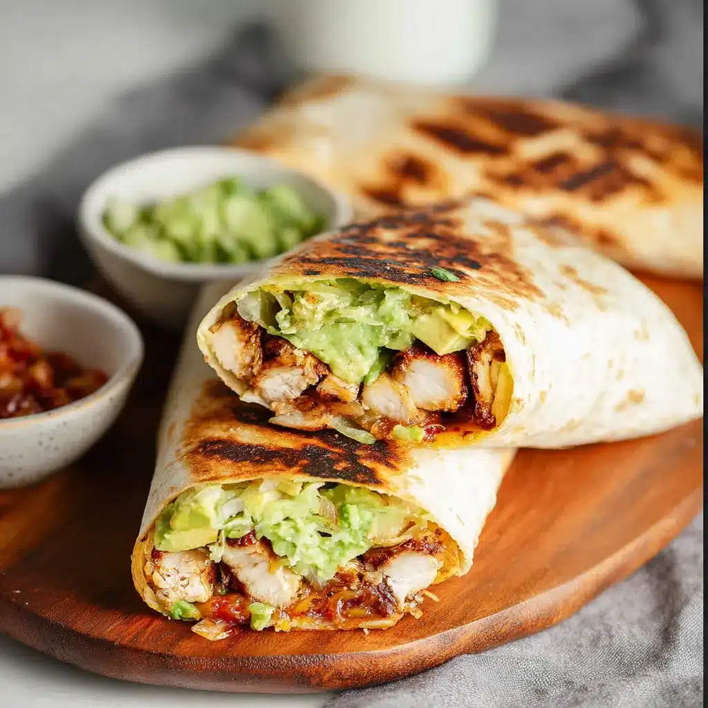 Grilled Avocado Chicken Wrap Recipe Close-up of delicious Grilled Avocado Chicken Wraps, showcasing the grilled chicken and creamy avocado filling.