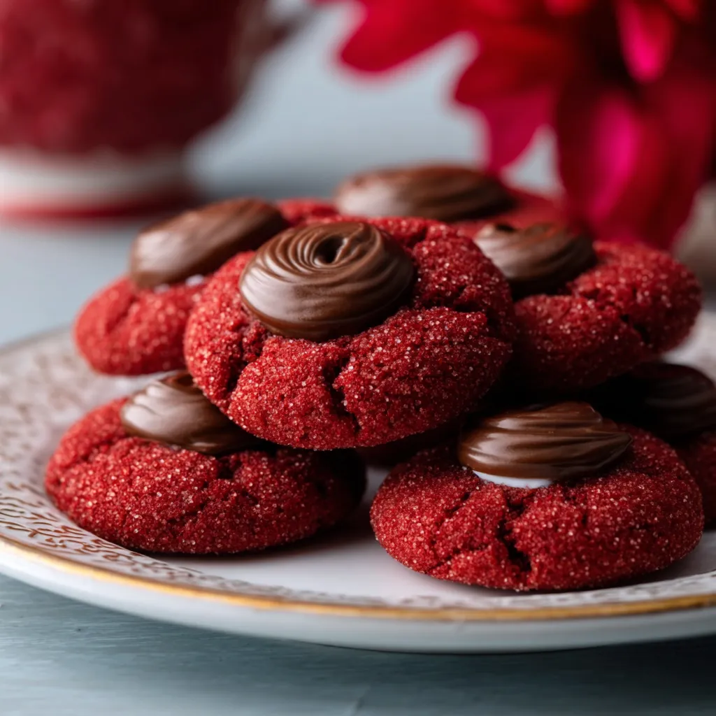 Red Velvet Hershey Kiss Cookies Close Up Close-up showing the festive swirls and Hershey's Kiss blossom on top of freshly baked Hershey Red Velvet Blossoms Cookies.