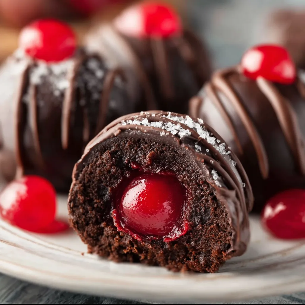 Cherry Brownie Bombs Recipe Close-up of rich Chocolate Covered Cherry Brownie Bombs showcasing the fudgy brownie, sweet cherry, and smooth chocolate coating.