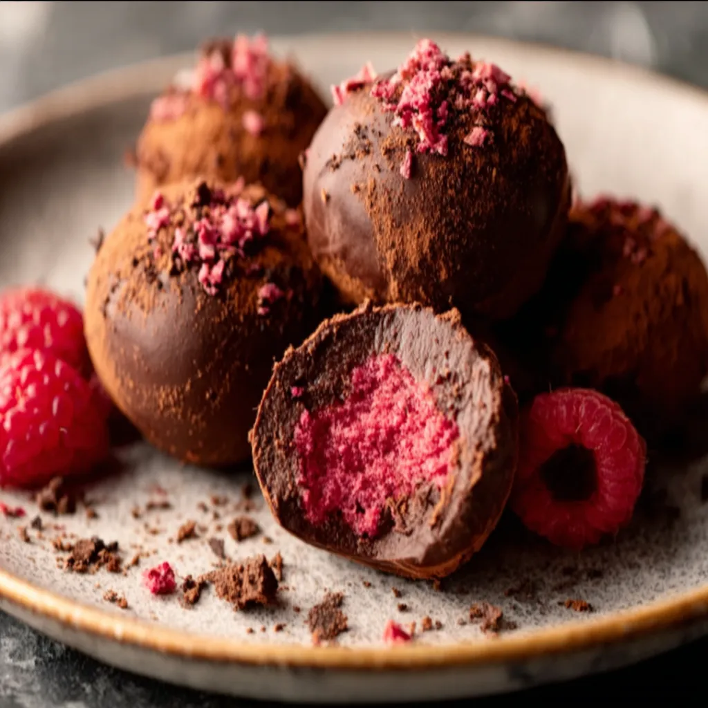 Decadent Dark Chocolate Raspberry Truffles Close-up showcasing the rich, decadent texture of homemade Dark Chocolate Raspberry Truffles.