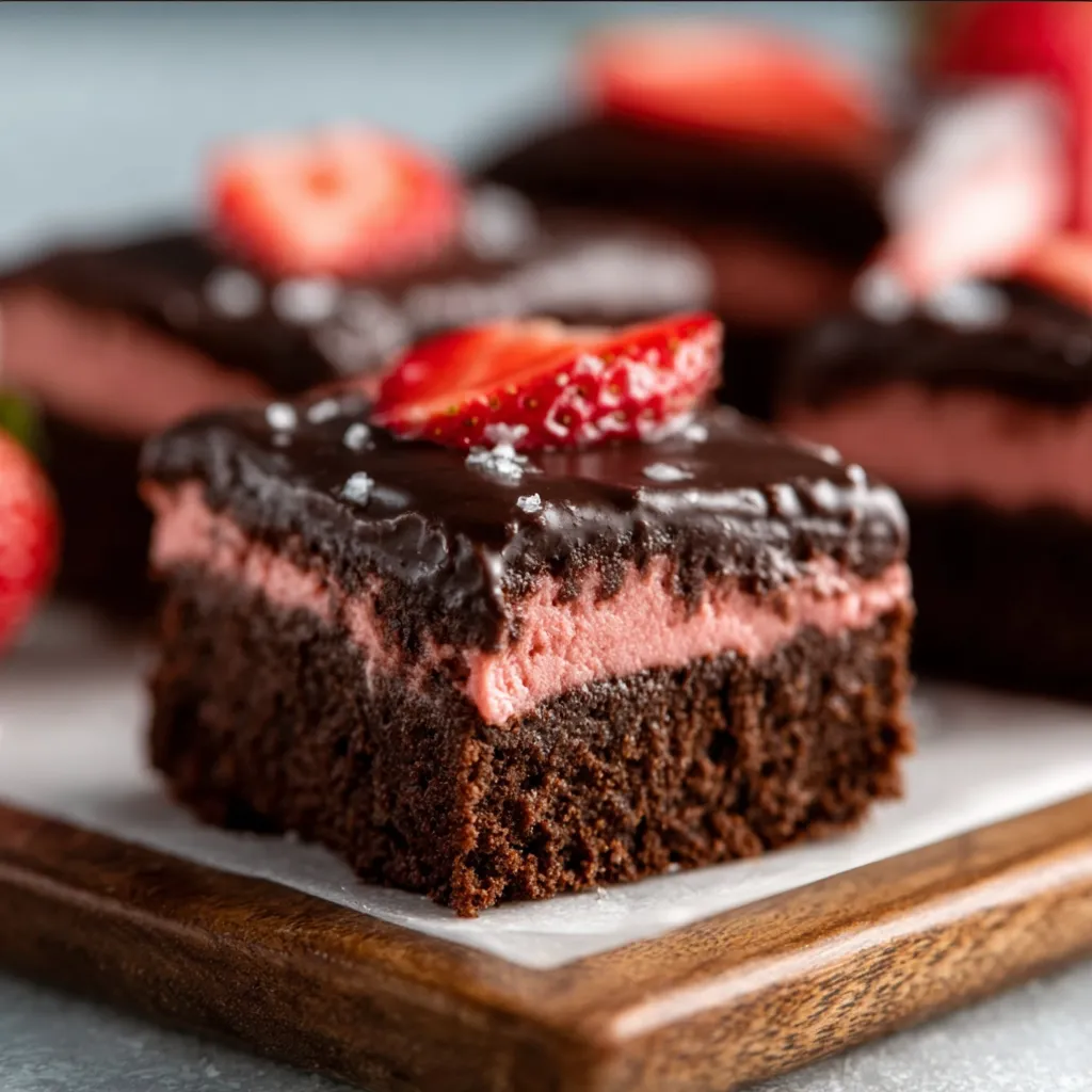 Fudgy Strawberry Brownies Recipe Close-up showing the decadent layers of Fudgy Chocolate Covered Strawberry Brownies, revealing the fudgy brownie base, strawberry filling, and chocolate ganache topping.