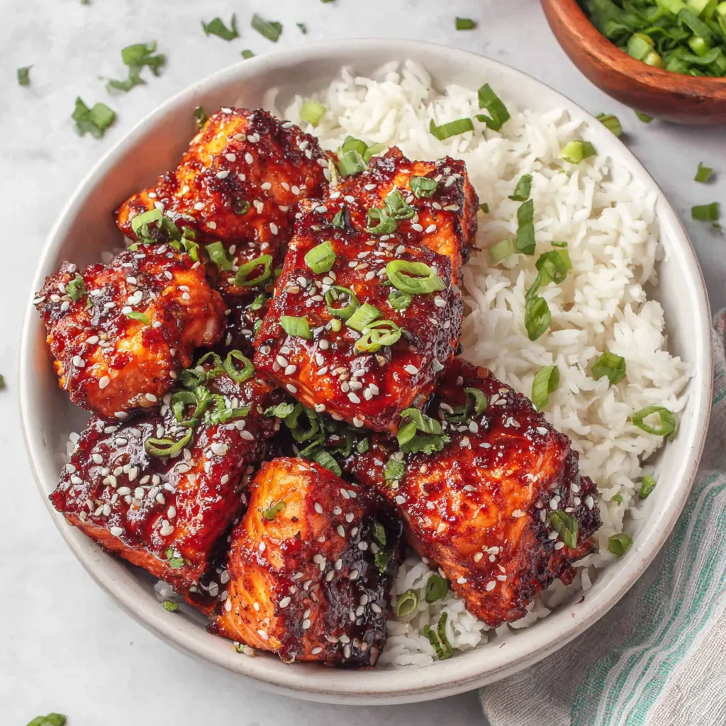 Honey Garlic Salmon Bites Recipe Close-up of delicious and glistening Honey Garlic Salmon Bites, perfectly glazed and ready to eat.