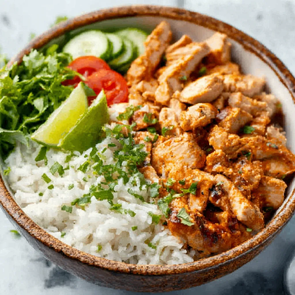 Coconut Chicken Rice Bowl Closeup Close-up of a delicious Coconut Chicken Rice Bowl showcasing the tender chicken and fluffy rice.