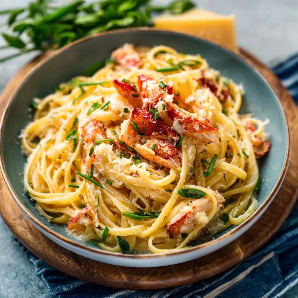 Garlic Butter Lobster Pasta Closeup Close-up shot of delicious Garlic Butter Lobster Pasta, showcasing the succulent lobster and creamy sauce.