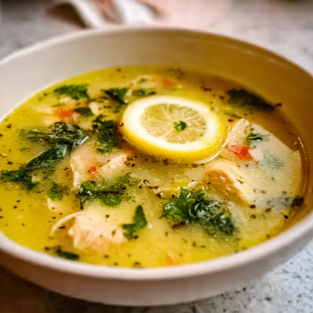 Creamy Avgolemono Soup Recipe Close-up shot of creamy Greek Lemon Chicken Soup Avgolemono in a white bowl, showcasing its rich texture and vibrant lemon color.