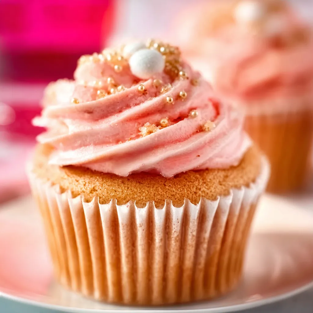 Pink Champagne Cupcake Close-Up Close-up shot of frosted Pink Champagne Cupcakes, showcasing their delicate pink hue and bubbly-inspired decorations.