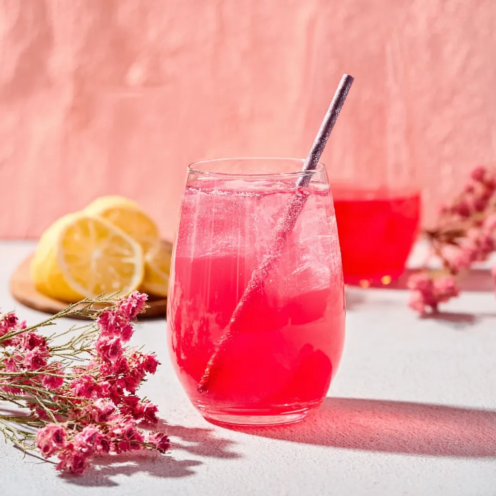 Pink Lemonade Valentine Punch Recipe Close-up of festive Pink Lemonade Valentine Punch in a glass, perfect for a Valentine's Day celebration.