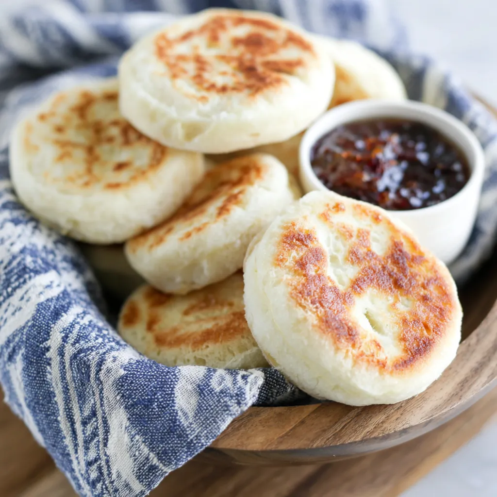 Freshly Toasted Sourdough Discard English Muffins A stack of golden brown Sourdough Discard English Muffins split open to reveal their light texture and signature nooks and crannies.