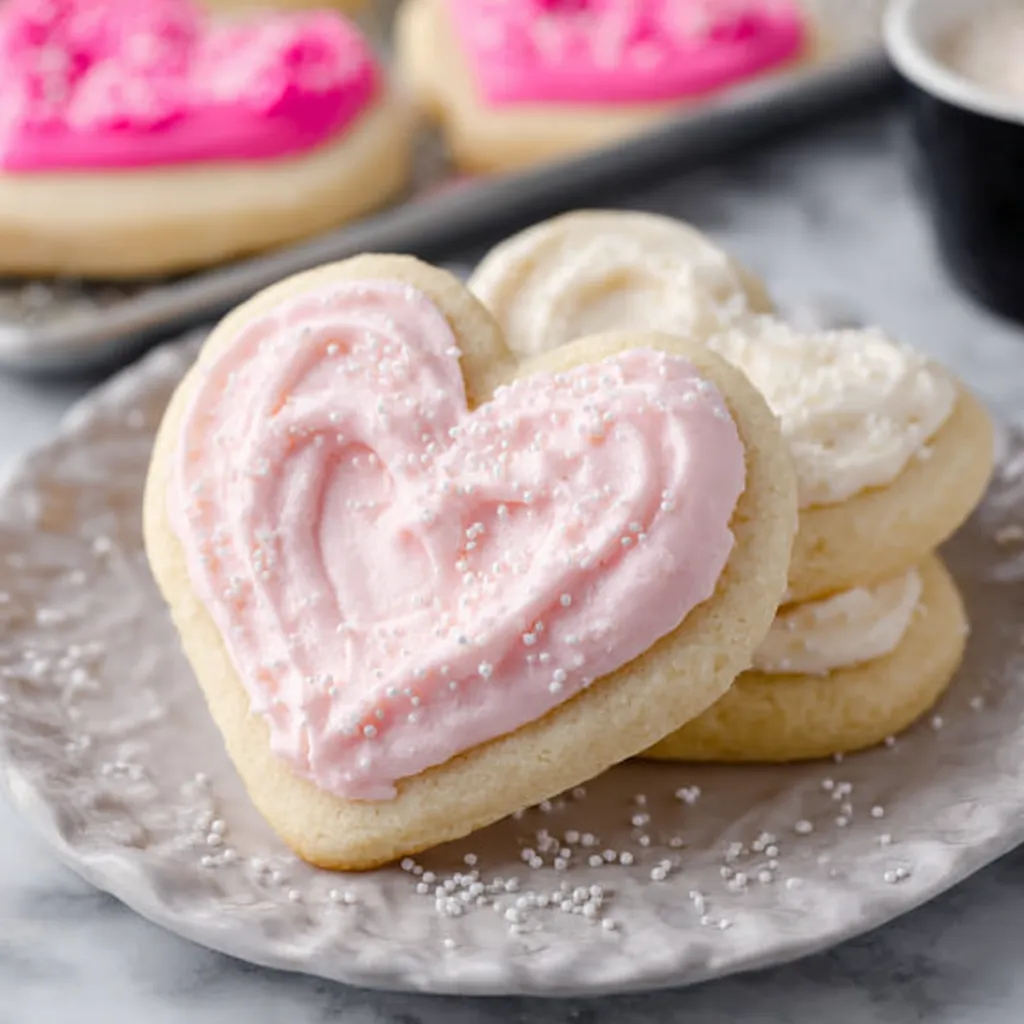 Valentine Cream Cheese Cut Out Cookies Close-up of decorated Valentine Cream Cheese Sugar Cut Out Cookies, showcasing festive icing and sprinkles.