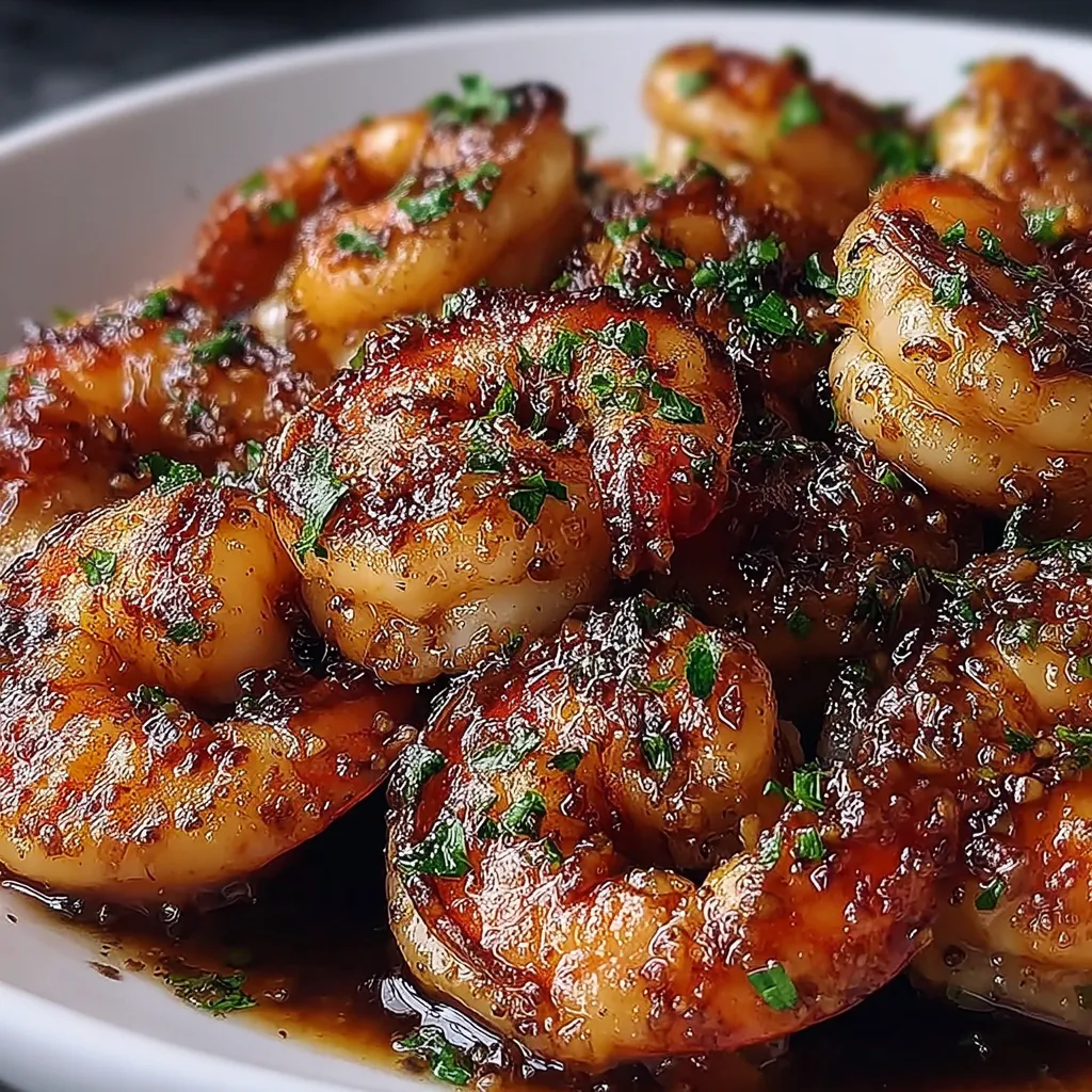 Honey Garlic Shrimp Plated and Ready A close-up view of glazed Honey Garlic Shrimp served in a skillet with lemon wedges and fresh herbs.