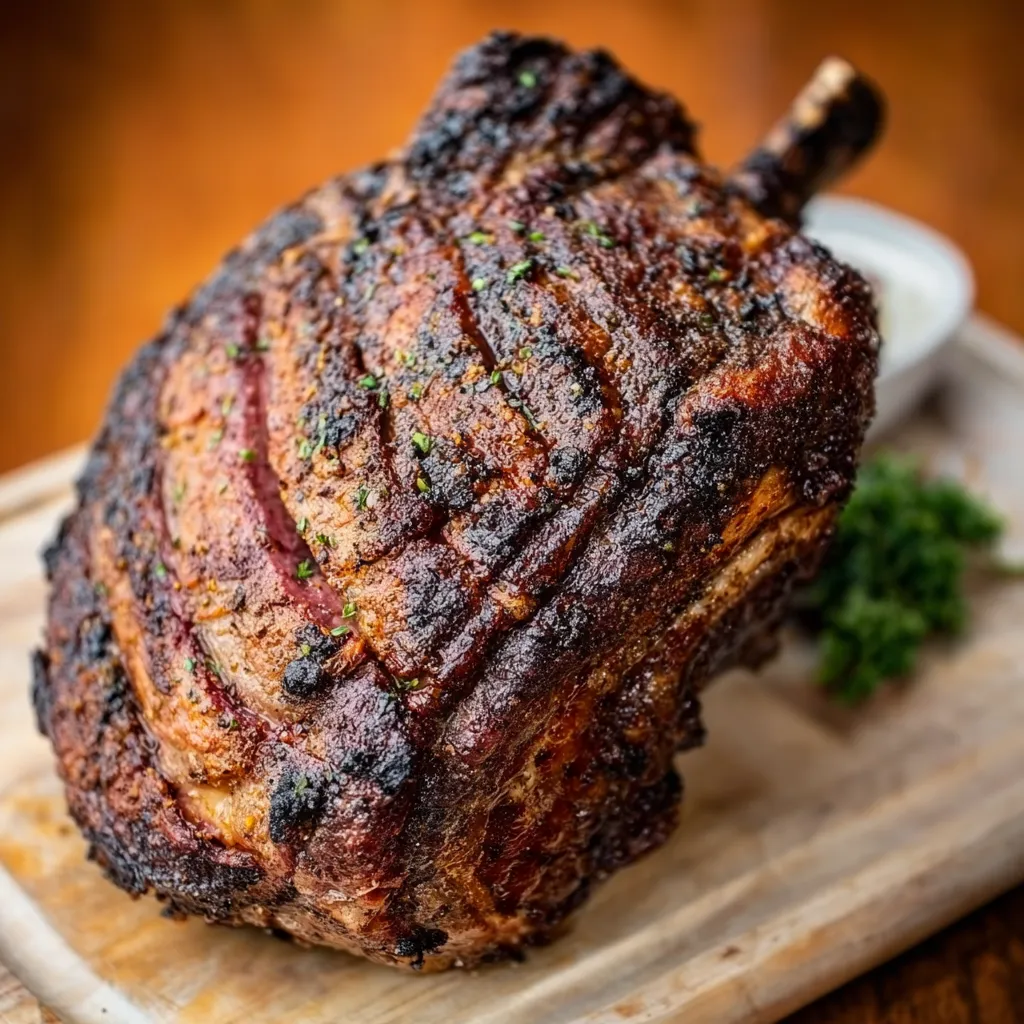 Smoked Prime Rib Roast Recipe Juicy Smoked Prime Rib Roast with a beautiful smoky crust, ready to be sliced and served.