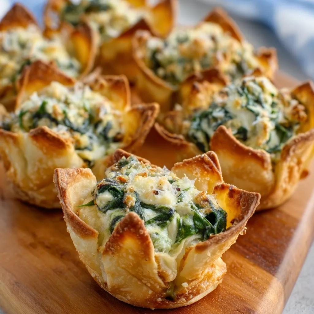 Spinach Artichoke Wonton Cups Recipe Close-up view of golden-brown Spinach & Artichoke Wonton Cups fresh out of the oven, showcasing the creamy filling and crispy wonton wrappers.