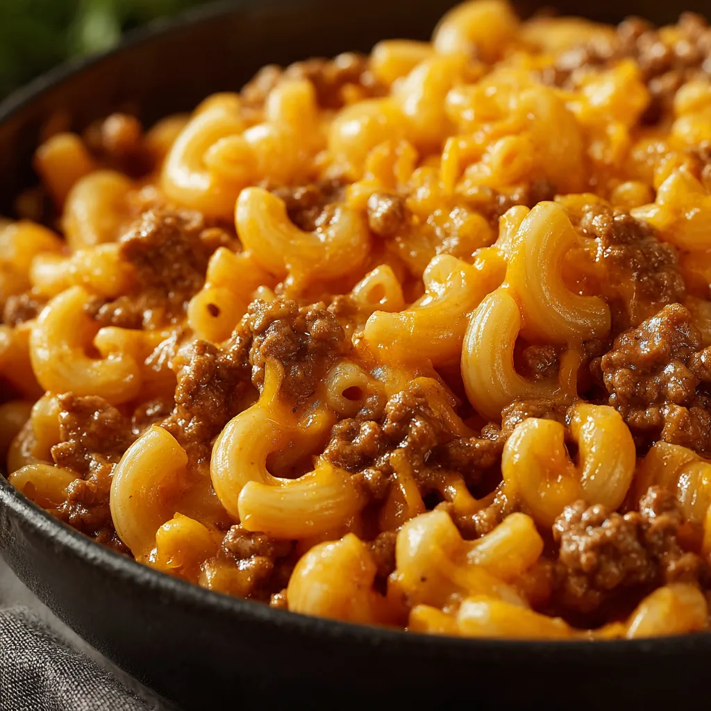Gluten Free Hamburger Helper Skillet Recipe A close-up view of a finished Gluten Free Hamburger Helper Skillet with ground beef, pasta, and melted cheese in a cast iron pan.
