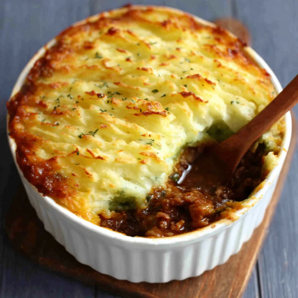 Savory Guinness Shepherd's Pie with Mashed Potatoes A hearty Guinness Shepherds Pie features a rich gravy and a crust of golden-brown toasted mashed potatoes.