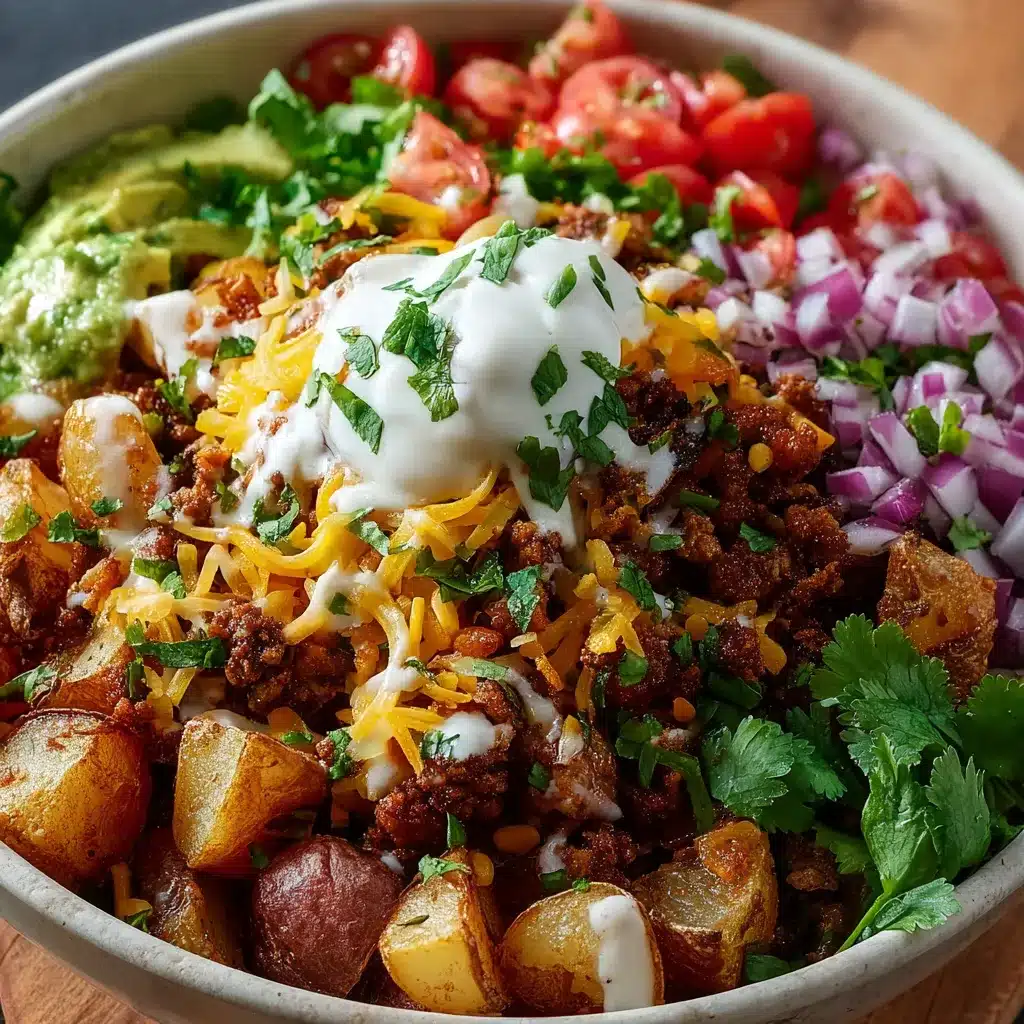 Potato Taco Bowl Recipe Close-up shot of a delicious Potato Taco Bowl, showcasing the layers of ingredients in a second image related to the recipe.