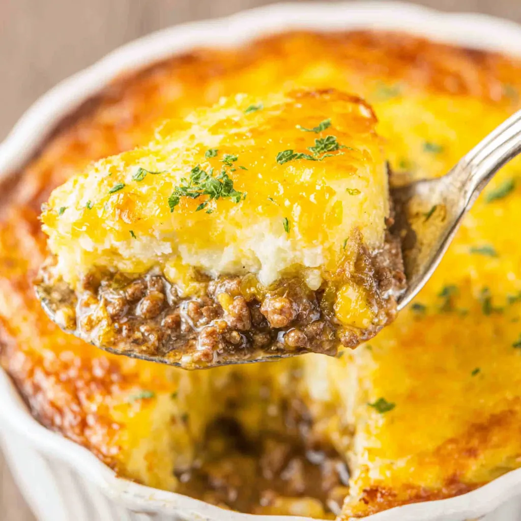 Savory Shepherd's Pie with Golden Mashed Potato Topping A close-up view shows a serving of Shepherd's Pie being scooped from a baking dish, revealing the savory meat and vegetable filling beneath a golden-brown mashed potato crust.