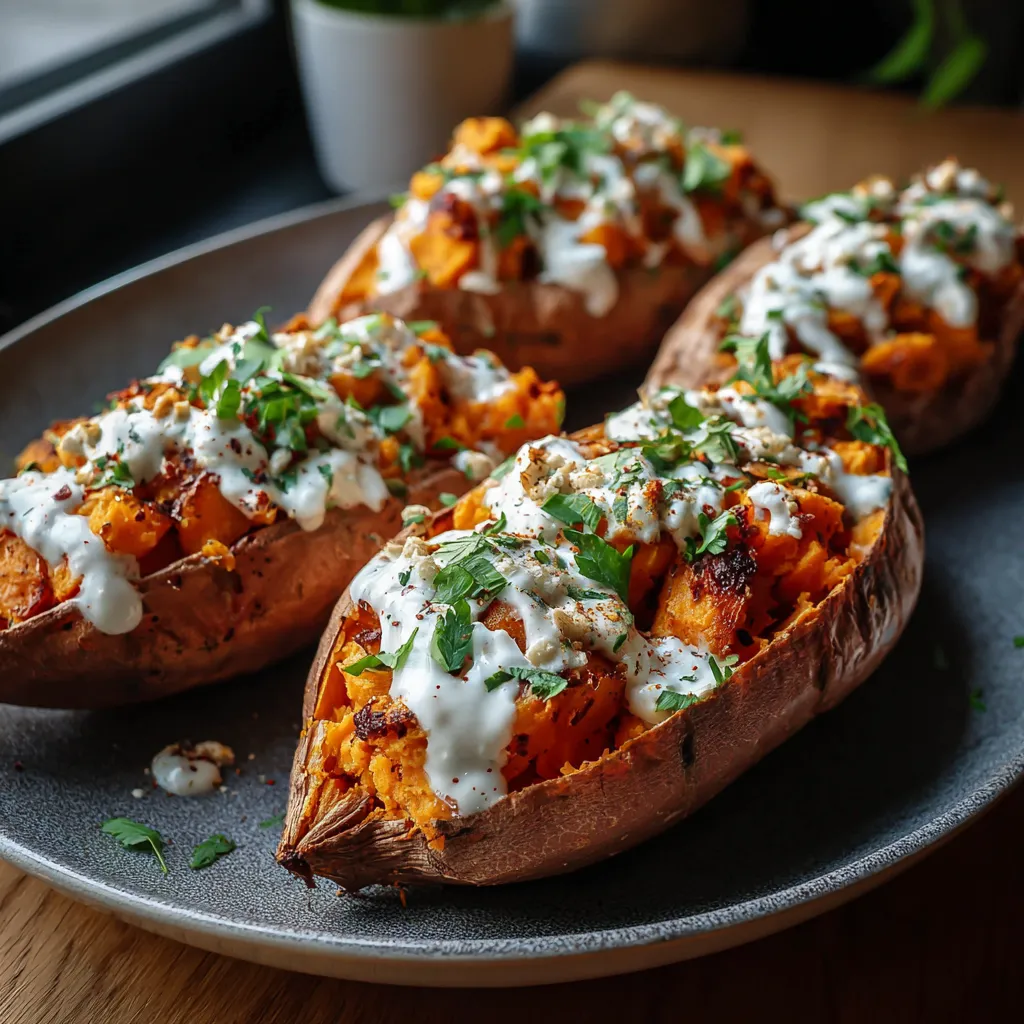 A close-up showcases colorful and delicious Sweet Potato Boats, perfect for a healthy and satisfying meal.