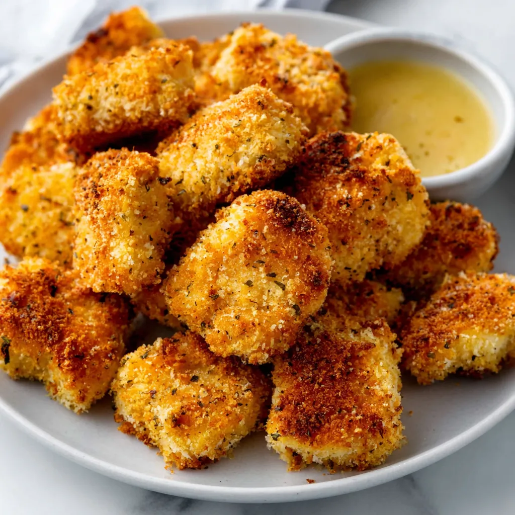 A plate of crispy, golden-brown Air Fryer Ground Chicken Nuggets served with a side of dipping sauce.